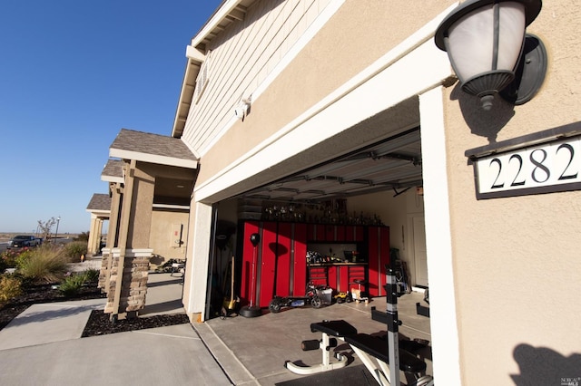 exterior space with a garage