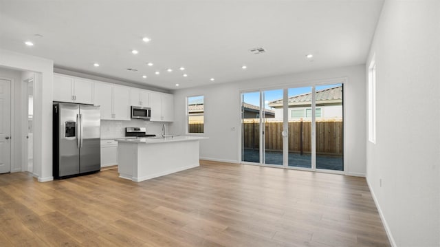 kitchen with appliances with stainless steel finishes, white cabinets, backsplash, light hardwood / wood-style floors, and a center island with sink