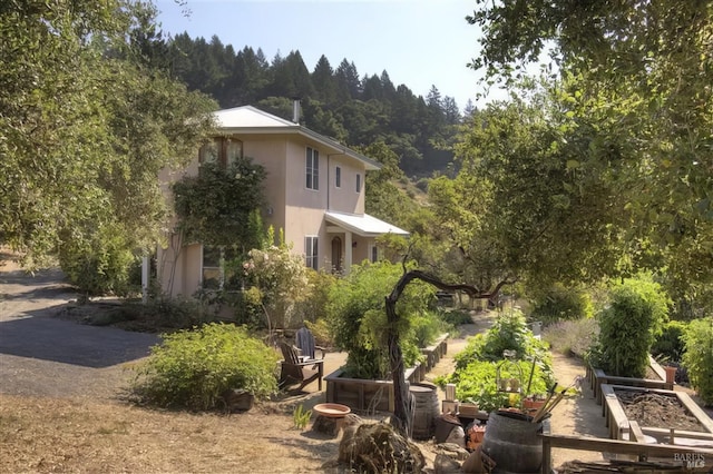 view of property exterior featuring a vegetable garden and stucco siding