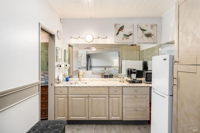 bathroom with vanity, hardwood / wood-style flooring, ceiling fan, and wood ceiling