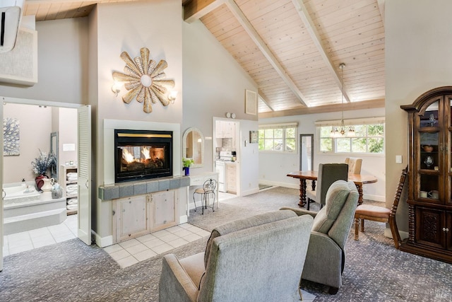 living room with light carpet, a multi sided fireplace, high vaulted ceiling, wooden ceiling, and beamed ceiling