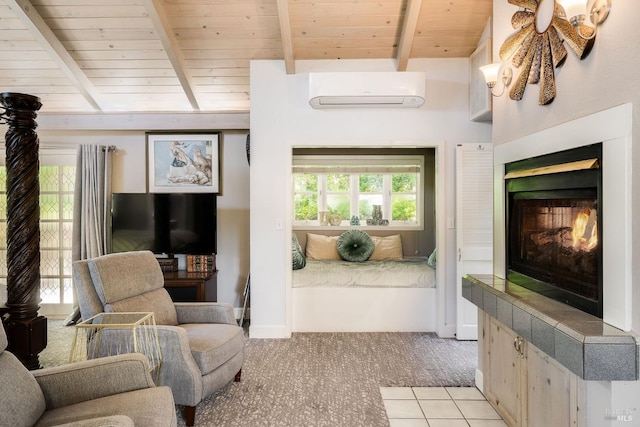 living room featuring wooden ceiling, lofted ceiling with beams, a wall mounted AC, a tiled fireplace, and light carpet