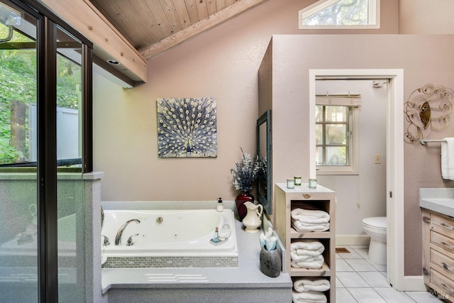 bathroom with wood ceiling, vanity, vaulted ceiling, tiled tub, and tile patterned flooring