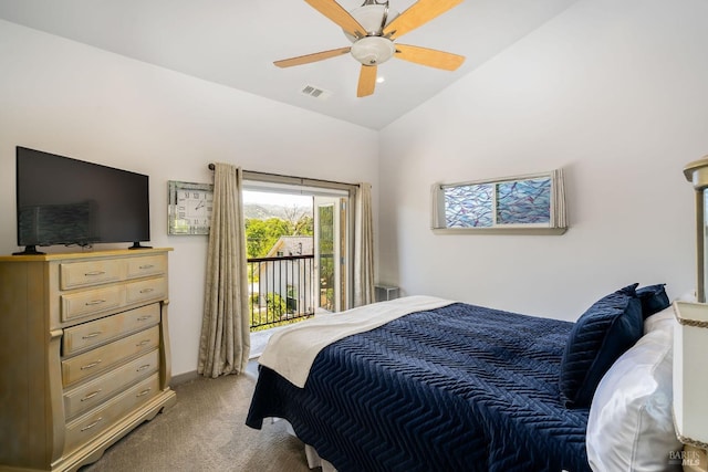 bedroom with carpet flooring, access to exterior, ceiling fan, and vaulted ceiling