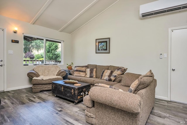 living room featuring vaulted ceiling, hardwood / wood-style flooring, and a wall unit AC