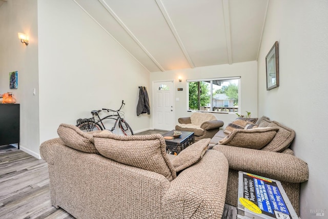 living room with light hardwood / wood-style flooring and lofted ceiling