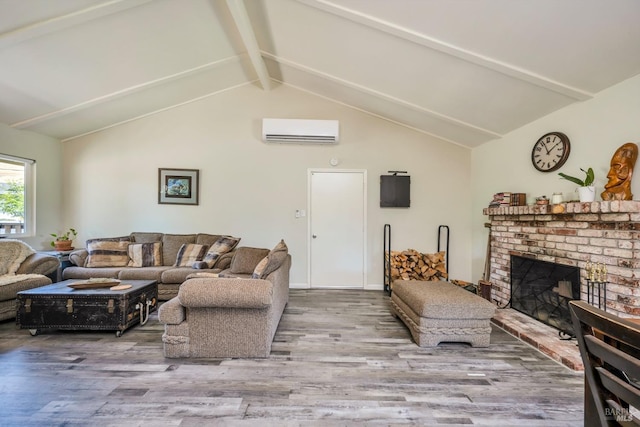 living room with a fireplace, wood-type flooring, lofted ceiling with beams, and a wall unit AC