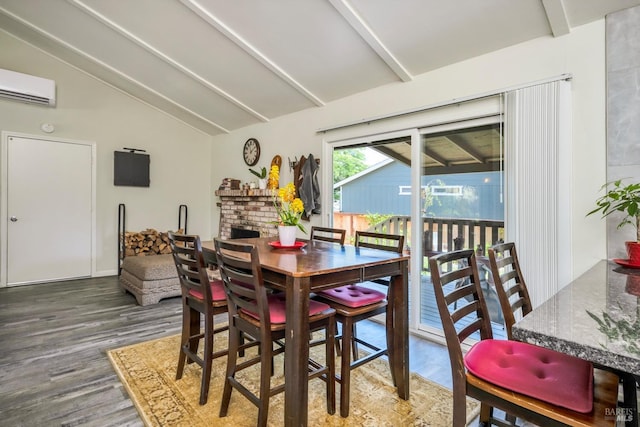 dining space with vaulted ceiling with beams, wood-type flooring, and an AC wall unit