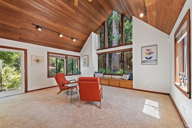12430 Fiori Ln, Sebastopol, CA 95472 - dining room featuring carpet floors, high vaulted ceiling, wood ceiling, plenty of natural light, and baseboards