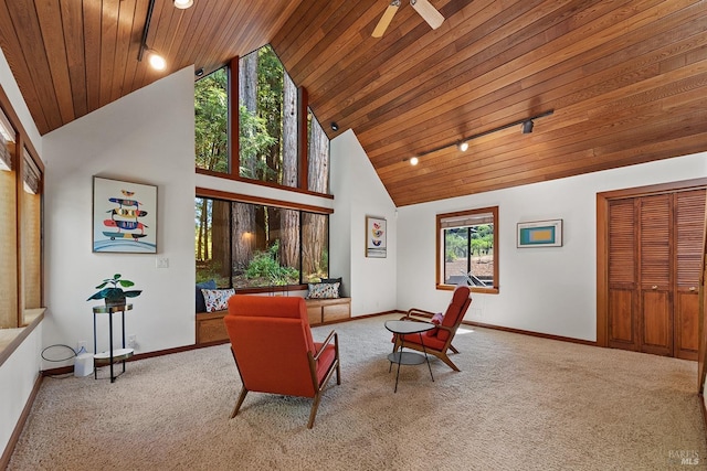12430 Fiori Ln, Sebastopol, CA 95472 - carpeted living room with wooden ceiling, high vaulted ceiling, baseboards, and a ceiling fan