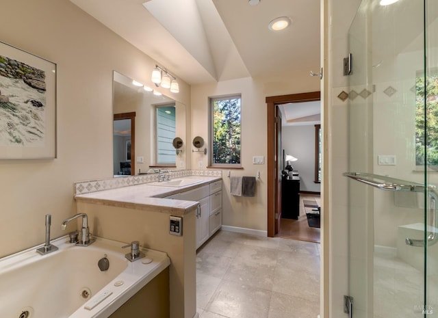 bathroom featuring tile patterned flooring, vanity, lofted ceiling, and shower with separate bathtub