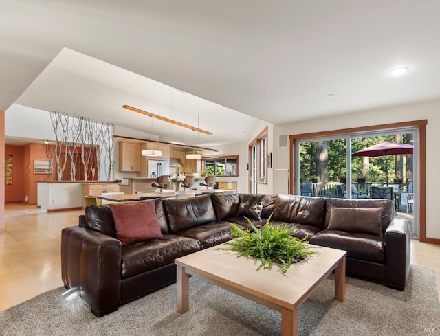 21995 Ansel Ct, Timber Cove, CA 95450 - living room with light colored carpet, baseboards, and recessed lighting