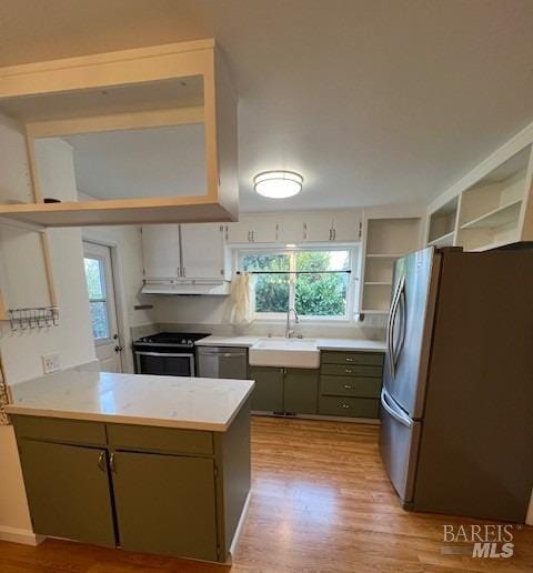 kitchen with sink, kitchen peninsula, light hardwood / wood-style flooring, and stainless steel appliances