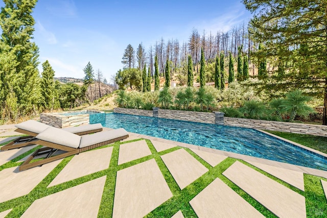 view of swimming pool with a patio area and a hot tub