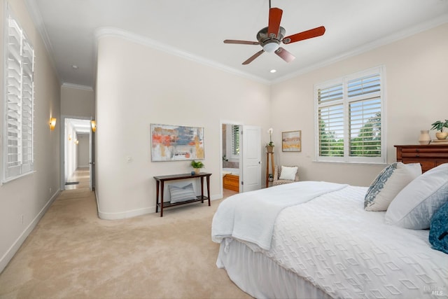 bedroom featuring light carpet, ornamental molding, a ceiling fan, and baseboards