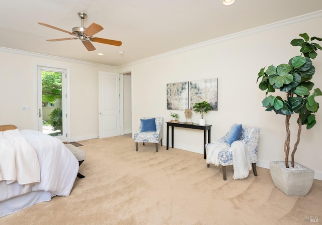 bedroom with access to outside, ornamental molding, and light colored carpet