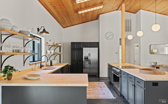 kitchen featuring a sink, open shelves, appliances with stainless steel finishes, a peninsula, and wooden ceiling