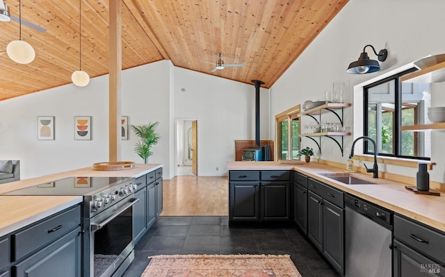 kitchen with open shelves, a sink, light countertops, appliances with stainless steel finishes, and wooden ceiling