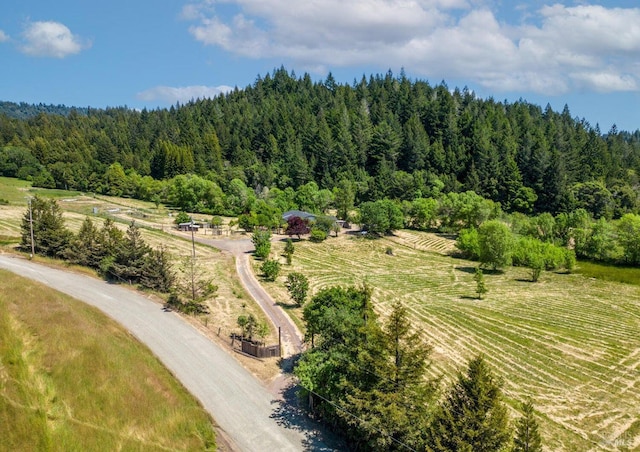 birds eye view of property with a rural view and a wooded view