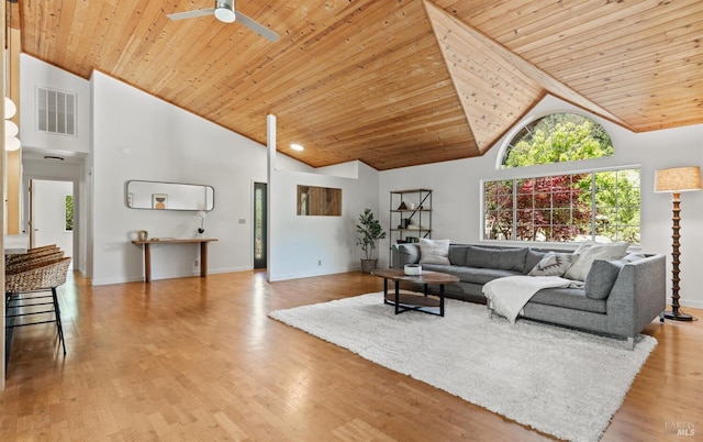 living room with visible vents, high vaulted ceiling, a ceiling fan, wood finished floors, and wood ceiling