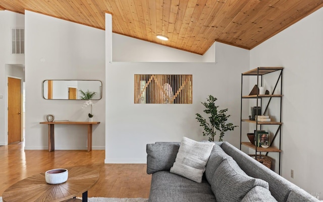 living room with wood finished floors, baseboards, visible vents, lofted ceiling, and wood ceiling