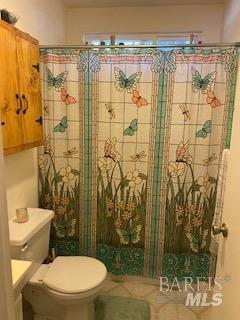 3059 White Horse Crossing Rd, Potter Valley, CA 95469 - full bath with toilet, a shower with shower curtain, and tile patterned flooring