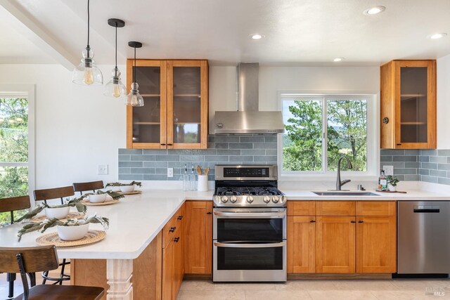 kitchen featuring a kitchen bar, appliances with stainless steel finishes, wall chimney exhaust hood, and sink