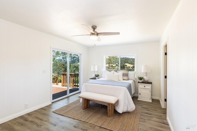 bedroom with access to exterior, ceiling fan, and hardwood / wood-style flooring