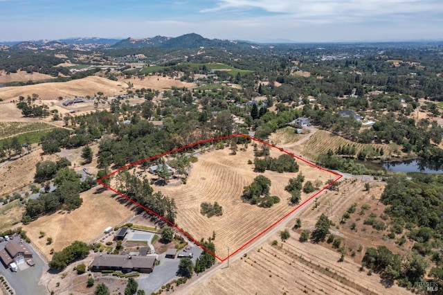 drone / aerial view with a mountain view and a rural view