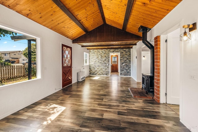 interior space featuring wood ceiling, dark wood-type flooring, and lofted ceiling with beams