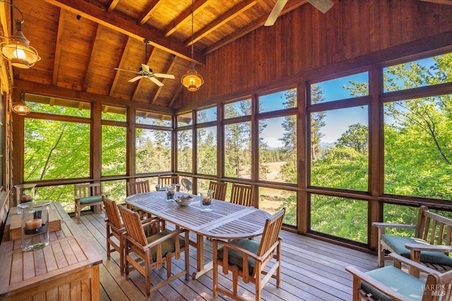 sunroom featuring vaulted ceiling with beams, wood ceiling, and ceiling fan