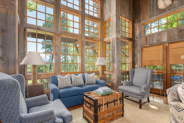 living room with a healthy amount of sunlight and a towering ceiling