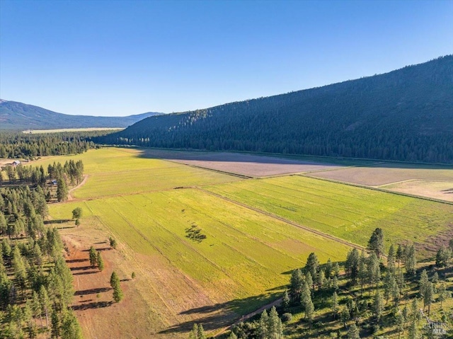 drone / aerial view featuring a mountain view and a rural view