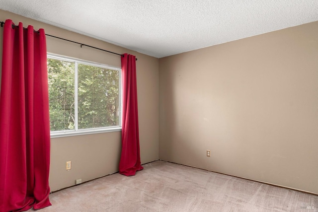 empty room with light colored carpet and a textured ceiling