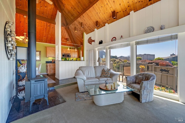 living room featuring high vaulted ceiling, a wood stove, wood ceiling, and beam ceiling