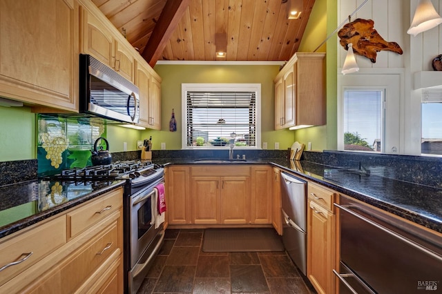 kitchen with pendant lighting, light brown cabinetry, sink, wood ceiling, and stainless steel appliances