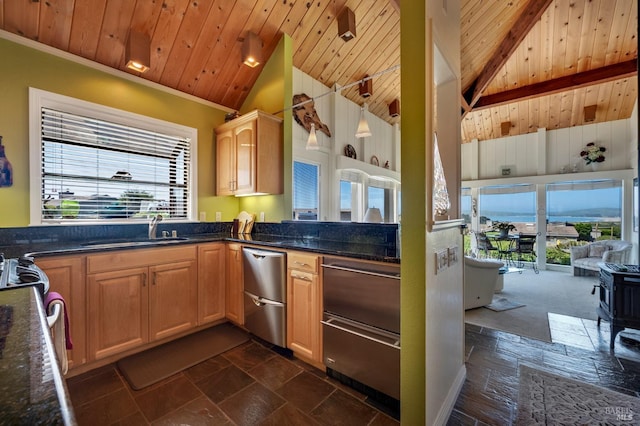 kitchen with sink, wood ceiling, lofted ceiling with beams, dark stone countertops, and ornamental molding