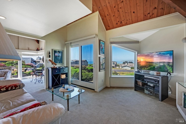 carpeted living room with wood ceiling and vaulted ceiling