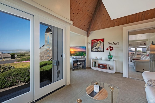 carpeted living room with lofted ceiling and wooden ceiling