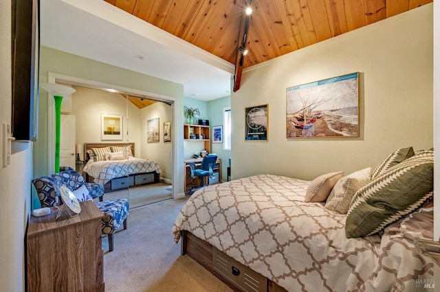 bedroom with light carpet and wooden ceiling