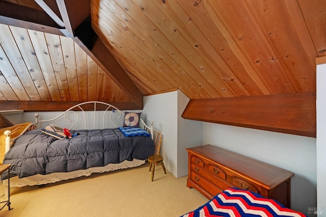 carpeted bedroom with vaulted ceiling and wooden ceiling