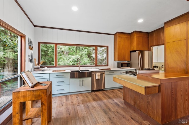 kitchen with wood-type flooring, stainless steel appliances, sink, and ornamental molding