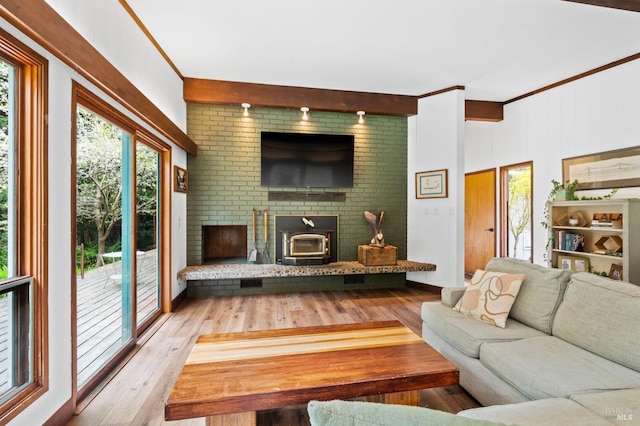 living room featuring a wood stove, ornamental molding, hardwood / wood-style floors, and a fireplace