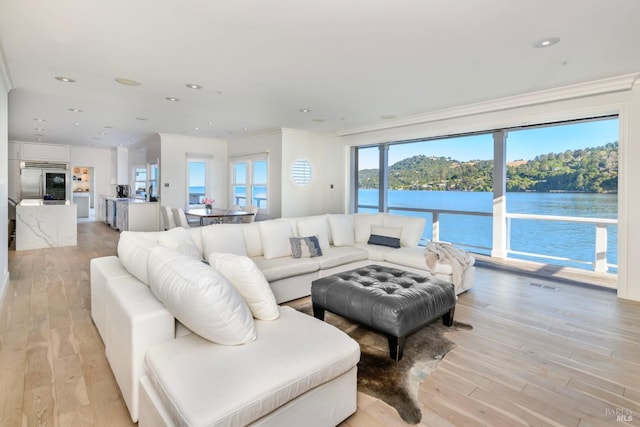 living room with crown molding, a water view, and light hardwood / wood-style flooring