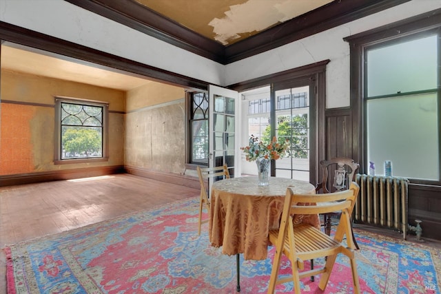 dining area with a wealth of natural light, radiator, ornamental molding, and hardwood / wood-style flooring