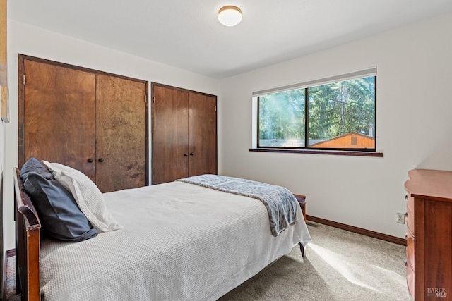 bedroom featuring carpet flooring and multiple closets