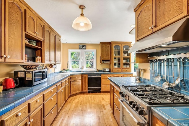 kitchen featuring pendant lighting, sink, stainless steel appliances, tile counters, and light hardwood / wood-style floors
