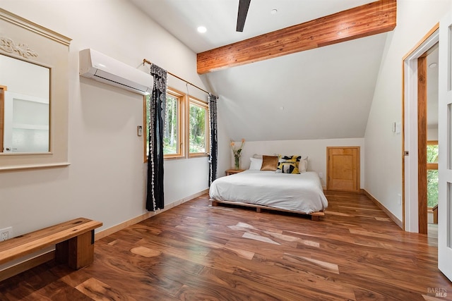 bedroom featuring vaulted ceiling with beams, hardwood / wood-style flooring, and an AC wall unit