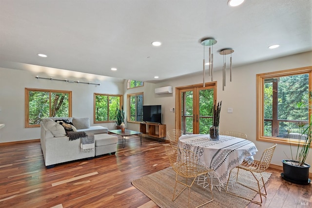 living room featuring french doors, a wall mounted air conditioner, dark hardwood / wood-style flooring, and plenty of natural light