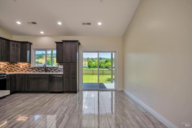 kitchen with stainless steel dishwasher, dark brown cabinets, and a healthy amount of sunlight